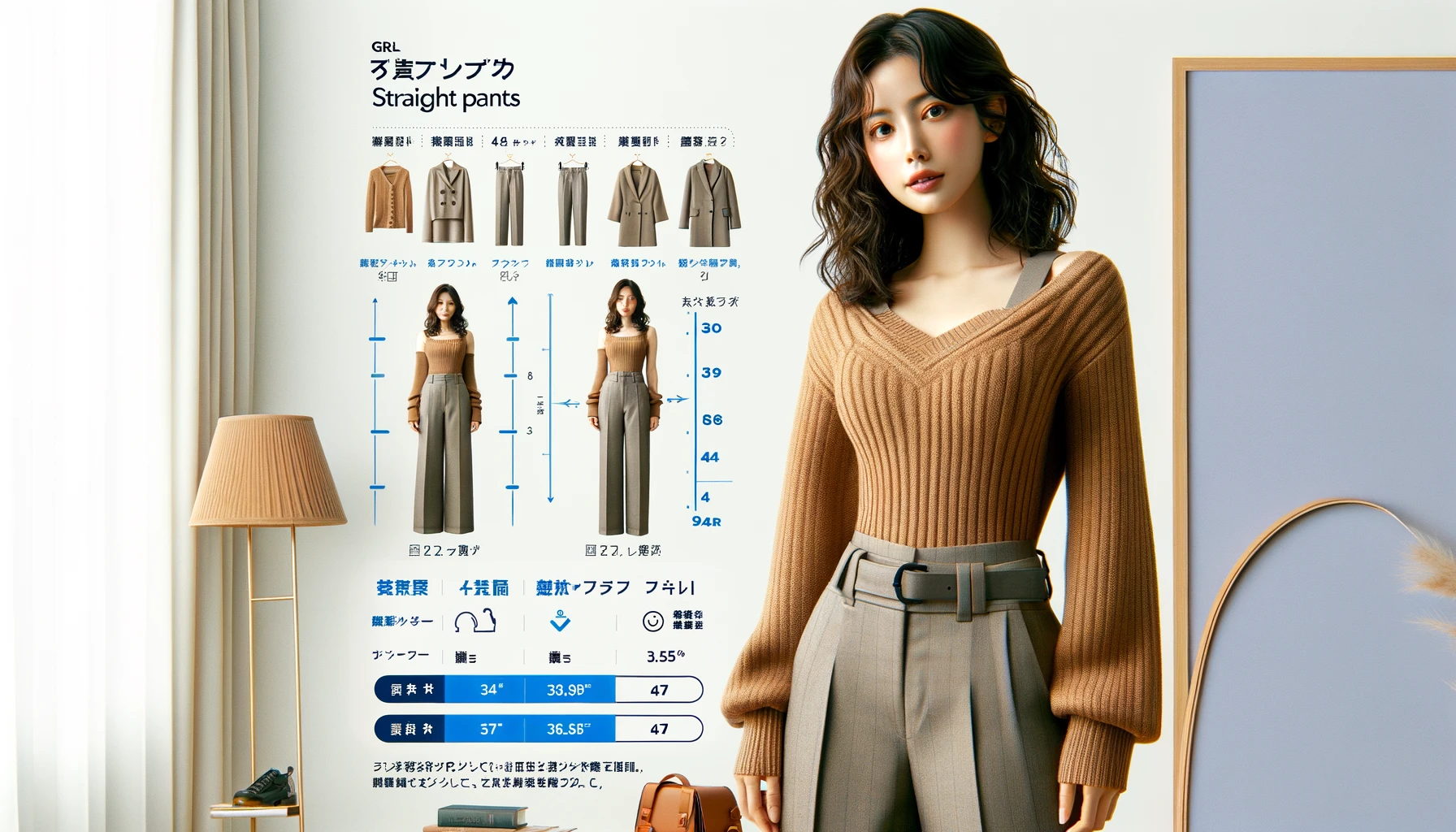 An image showcasing size options for straight pants from GRL (Grail), a women's budget-friendly fashion brand. The image features a stylish Japanese woman modeling straight pants in various sizes. There are visual size charts, measurement tips, and guidance on choosing the right size. The background is a simple, modern design with fashion-related icons.