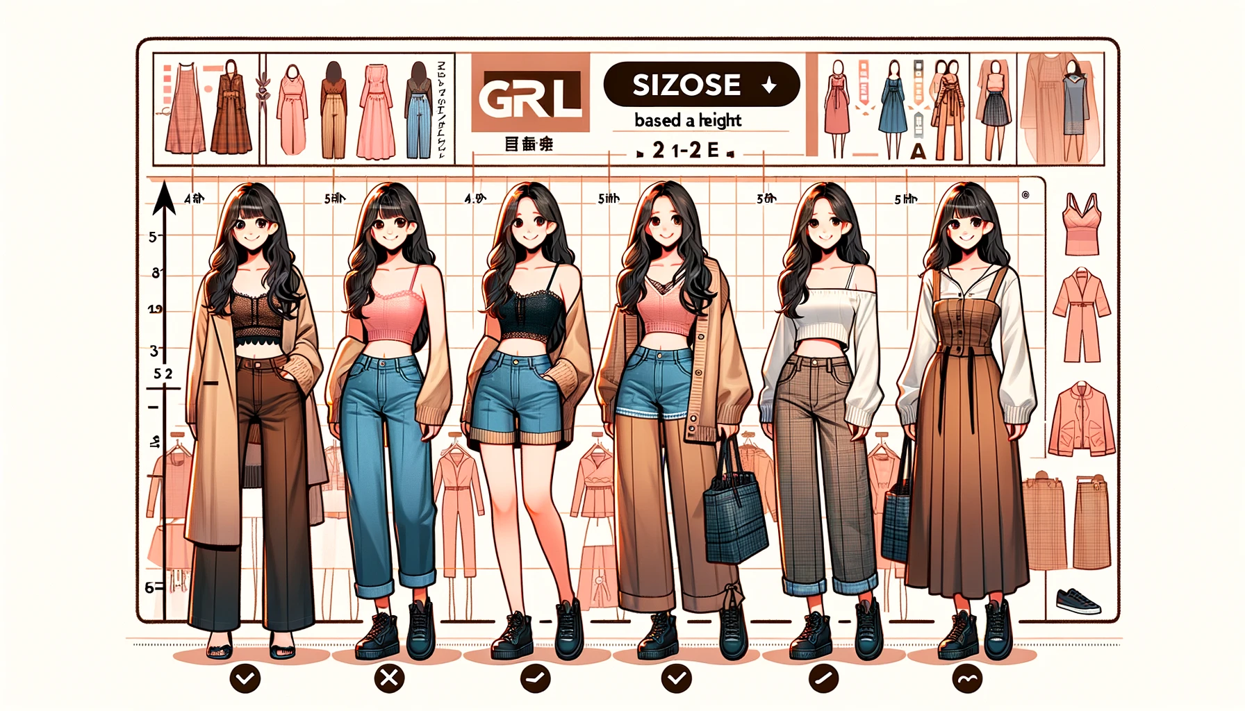 An image showing how to choose sizes based on height for GRL (Grail), a budget-friendly women's fashion brand. The image includes Japanese women of various heights wearing trendy GRL outfits. There are size charts, measurement tips, and height-based size recommendations. The background is stylish and modern with fashion-related icons and design elements.