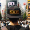 Japanese youth in a busy downtown area wearing a cap featuring a large yellow and black logo in the center, SxD letters included, with the front logo blurred, missing, or not visible. Horizontal aspect ratio (16:9).