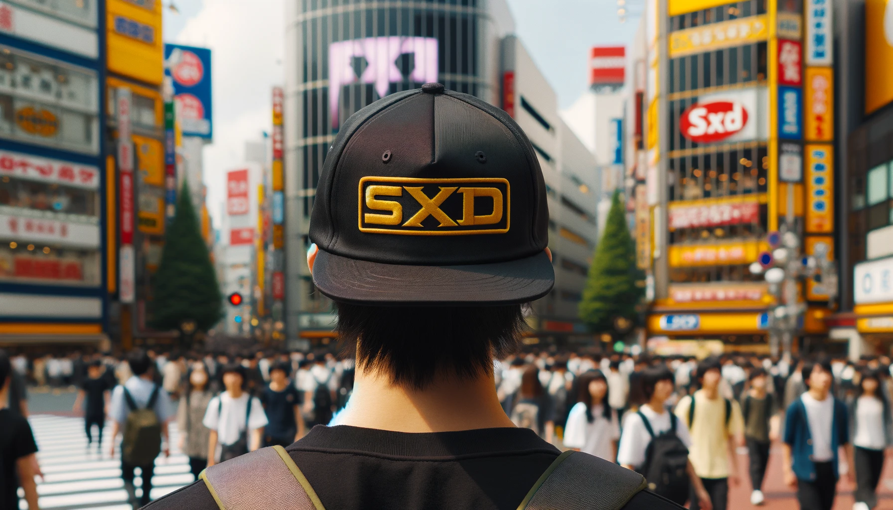 Japanese youth in a busy downtown area wearing a cap featuring a large yellow and black logo in the center, SxD letters included, with the front logo blurred, missing, or not visible. Horizontal aspect ratio (16:9).