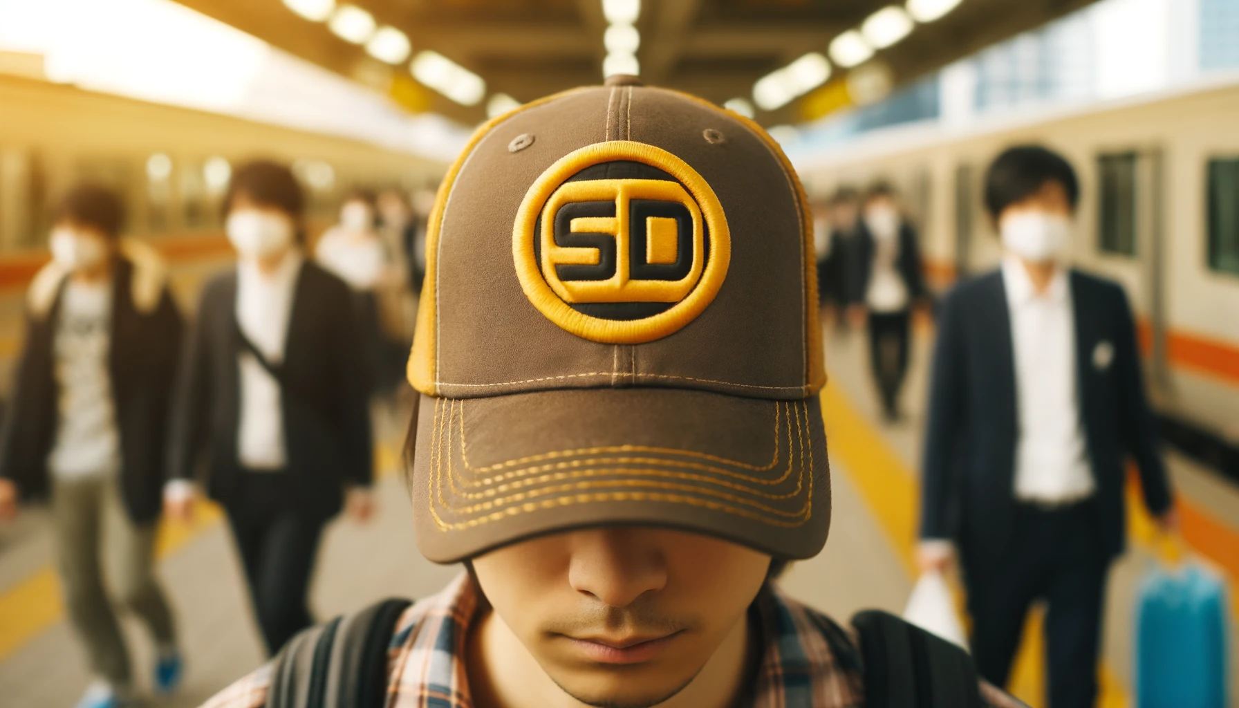 Japanese people using a cap with a large logo in yellow and brown in the center, SD letters included, with the front logo blurred, missing, or not visible. Horizontal aspect ratio (16:9).