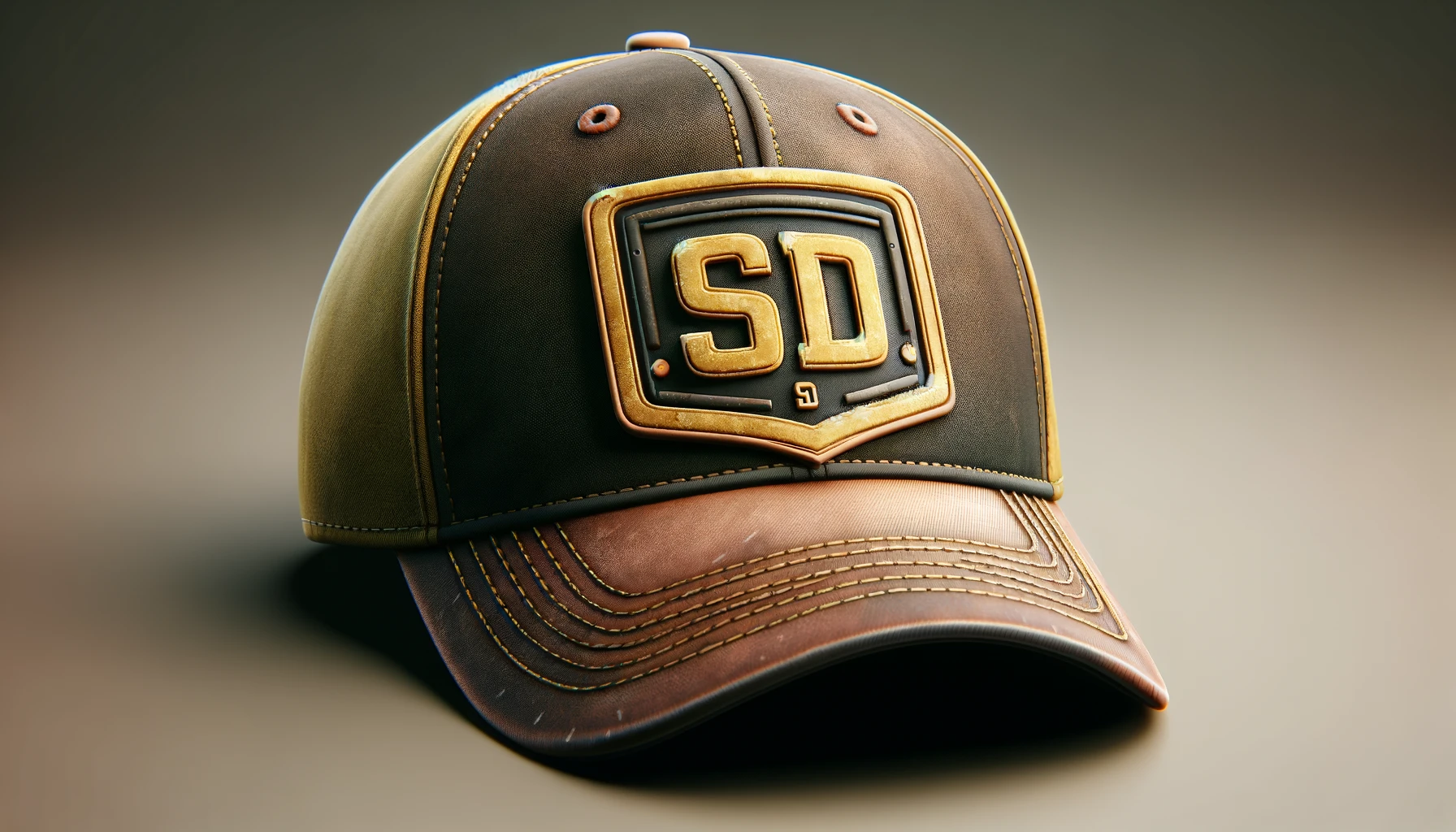 A stylish cap with a large logo in yellow and brown in the center, SD letters included, with the front logo blurred, missing, or not visible. Horizontal aspect ratio (16:9).