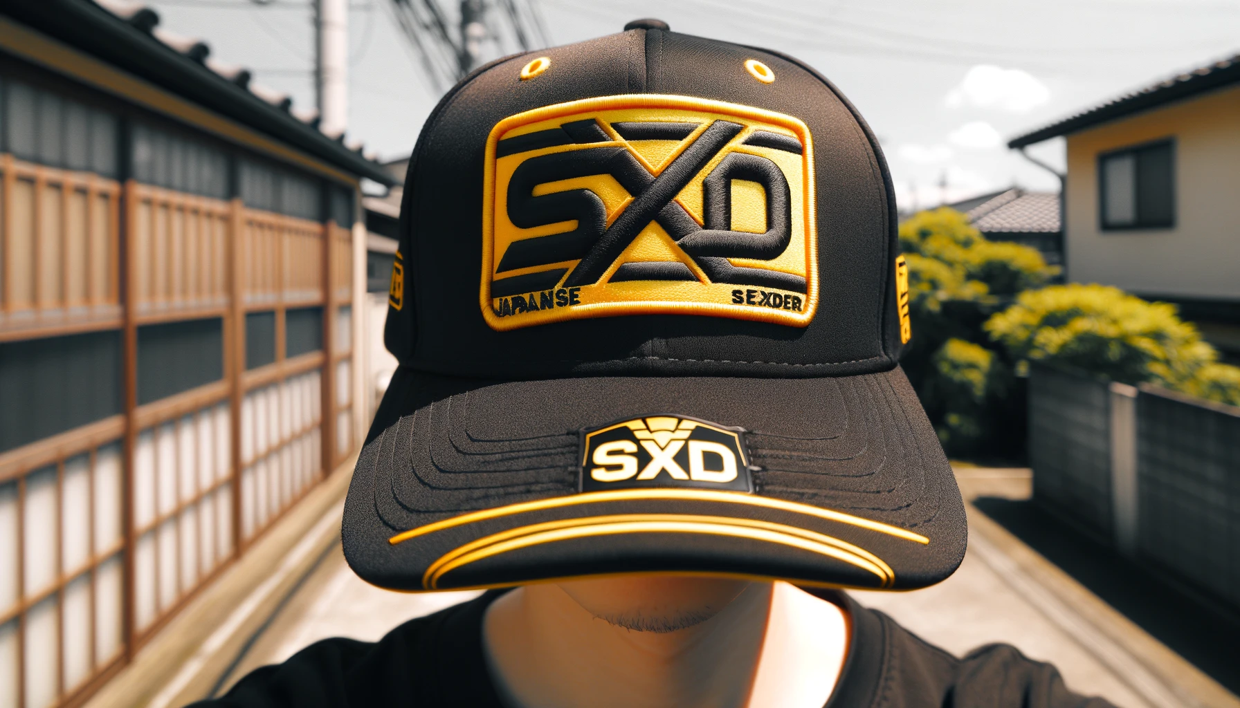 Japanese coordination with a cap featuring a large yellow and black logo in the center, SxD letters included, with the front logo blurred, missing, or not visible. Horizontal aspect ratio (16:9).