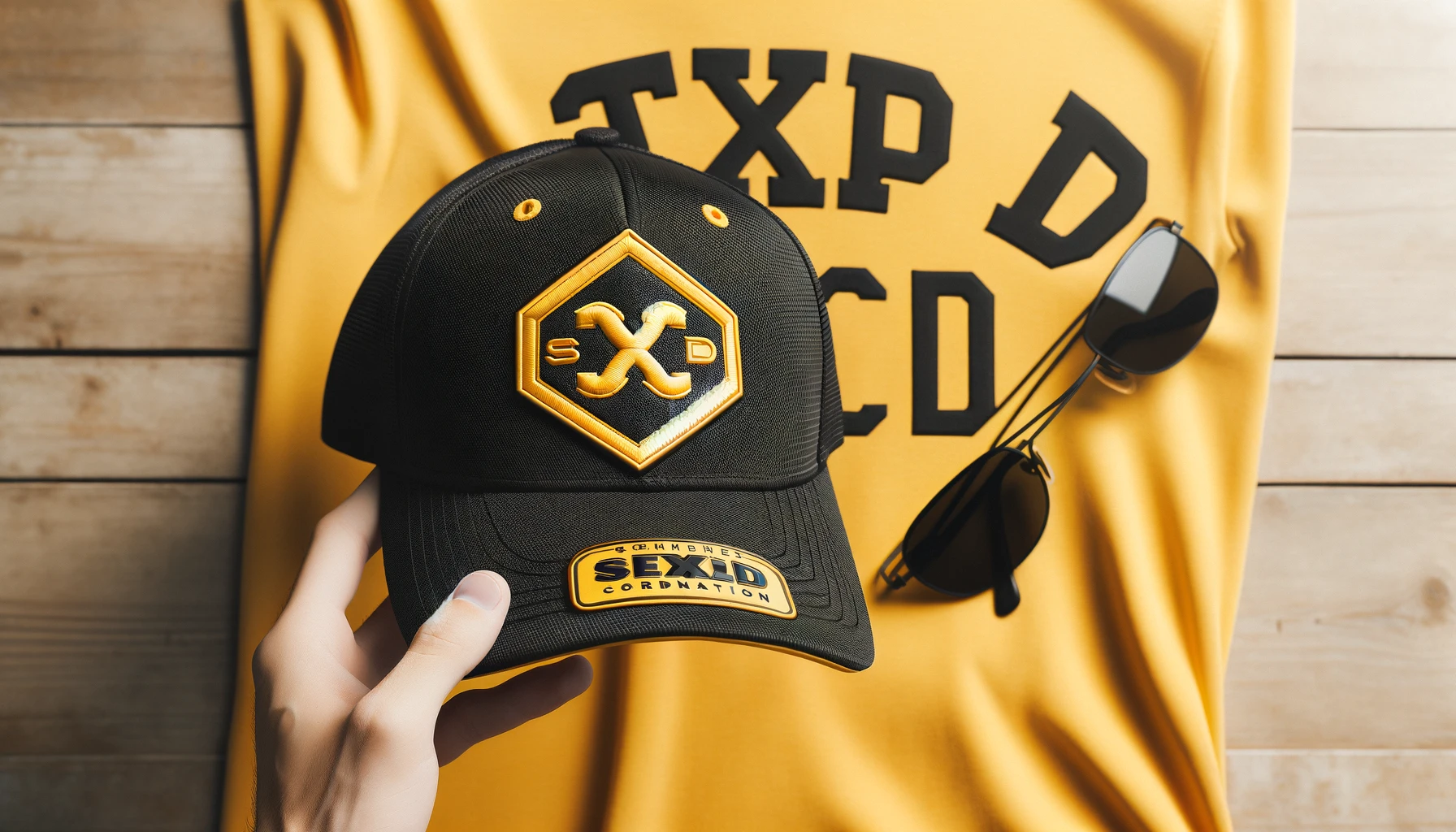 Summer coordination with a cap featuring a large yellow and black logo in the center, SxD letters included, with the front logo blurred, missing, or not visible. Horizontal aspect ratio (16:9).