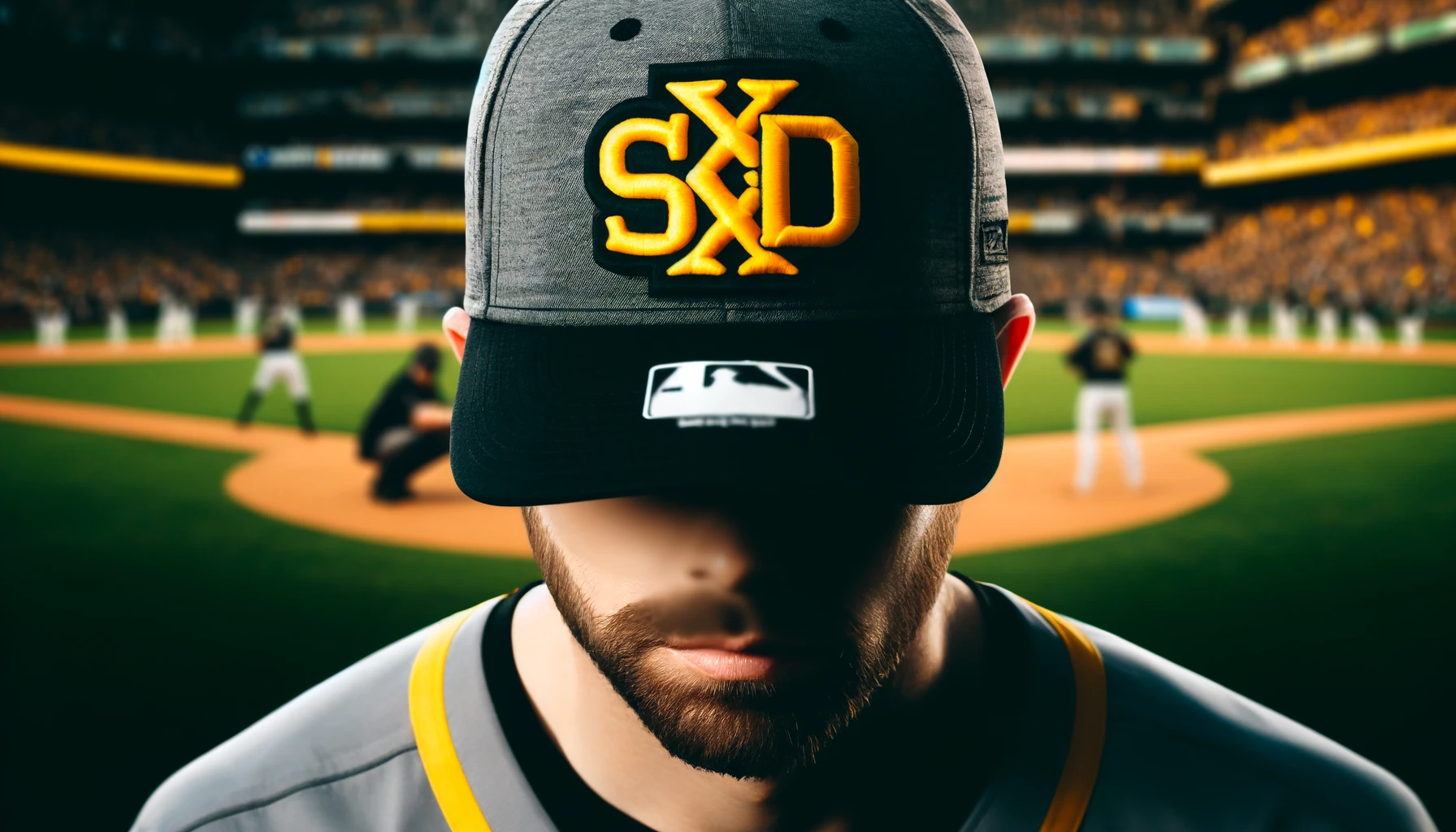 Major League Baseball player wearing a cap featuring a large yellow and black logo in the center, SxD letters included, with the front logo blurred, missing, or not visible. Horizontal aspect ratio (16:9).