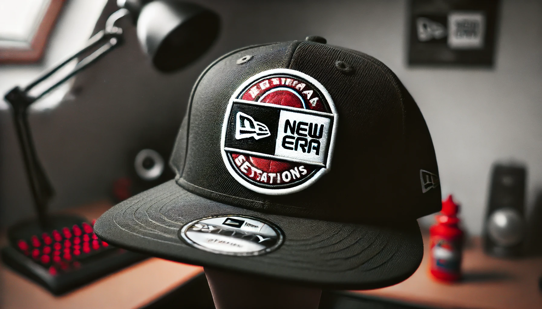 A New Era cap with the iconic sticker on the brim, prominently displayed. The cap is positioned to clearly show the sticker.