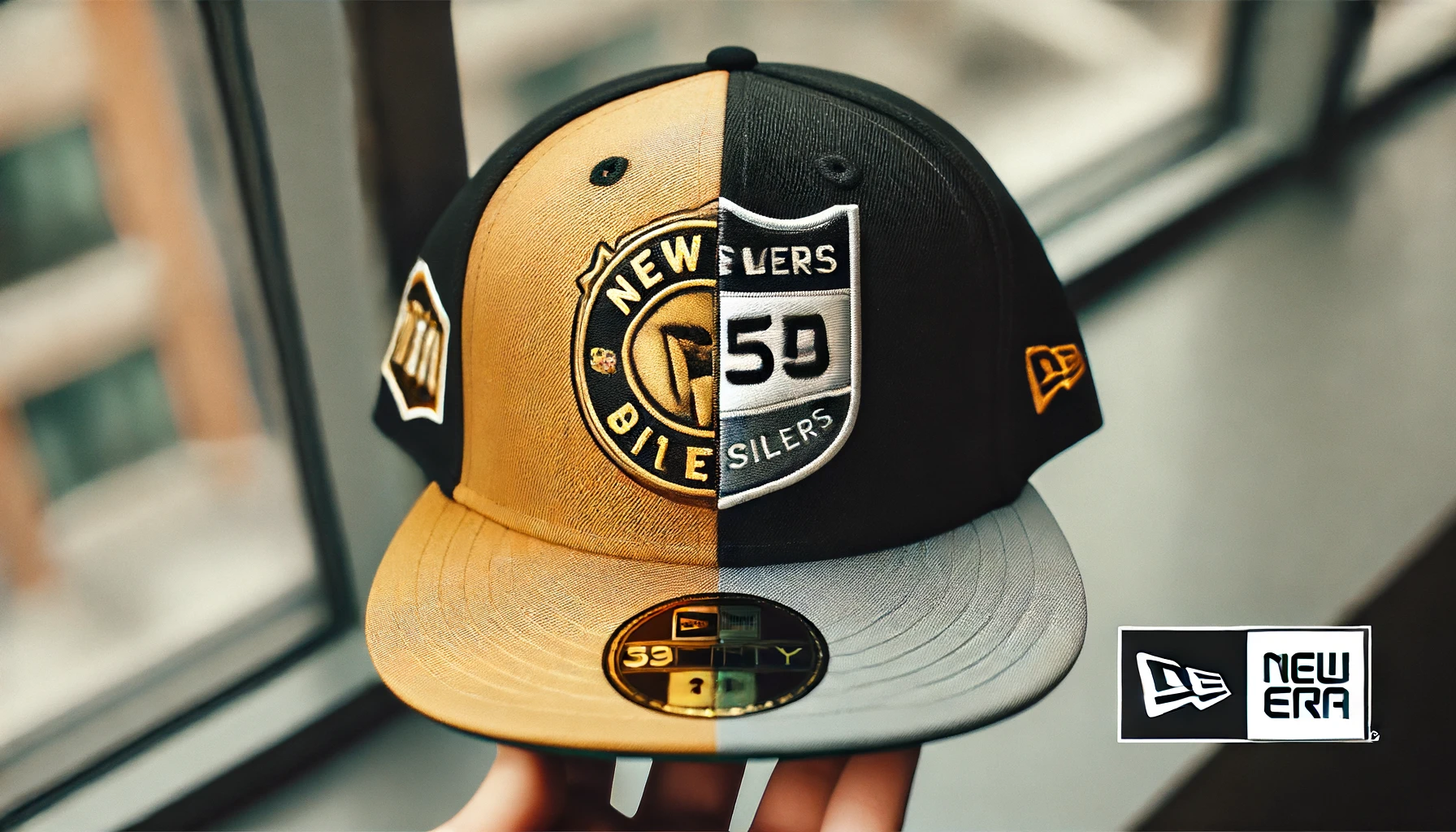 A New Era cap with both a gold and silver sticker on the brim, prominently displayed. The cap is positioned to clearly show both stickers.