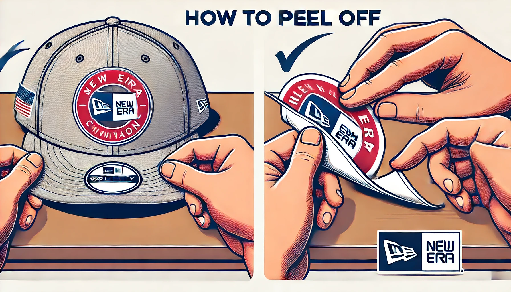 A step-by-step guide showing how to peel off the sticker from a New Era cap. The image includes hands carefully removing the sticker from the cap's brim.