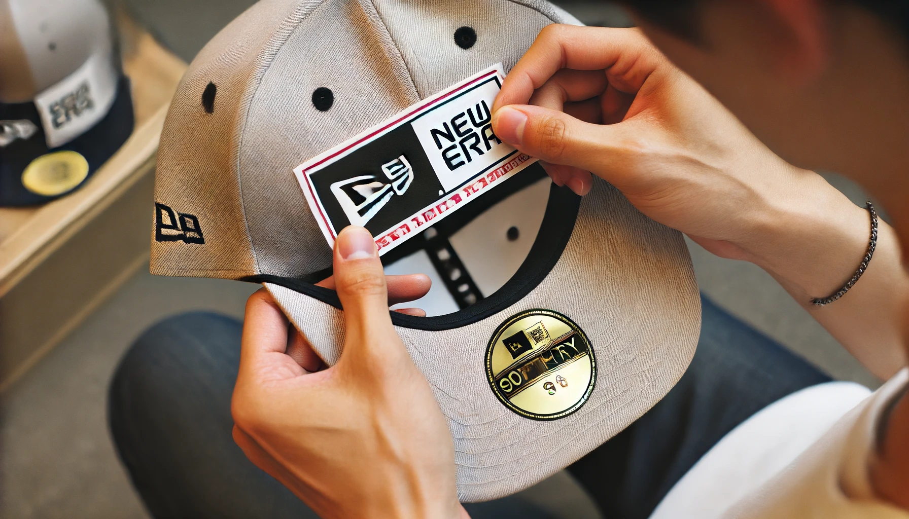 A Japanese person sticking a New Era cap sticker to the inside of the cap. The person is carefully placing the sticker on the inner side of the cap's brim.