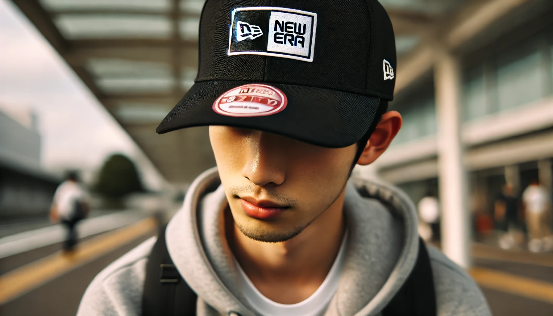 A Japanese person wearing a New Era cap without removing the sticker from the brim. The person is outdoors, and the sticker is clearly visible.