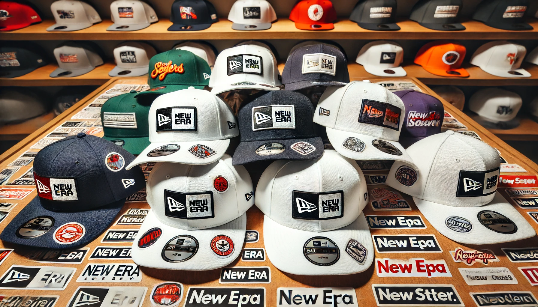 A stylish arrangement of New Era caps, emphasizing the aesthetic appeal of the stickers on the brims. The caps are neatly displayed, showcasing the trendy look of the stickers.