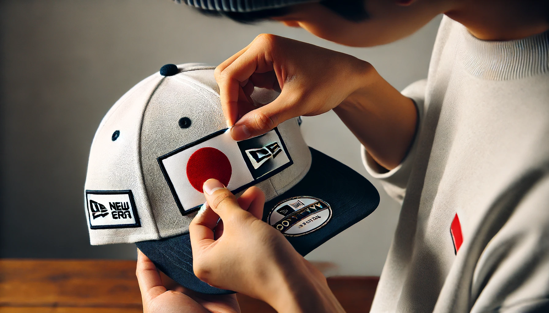 A Japanese person reapplying the sticker to a New Era cap. The person is carefully placing the sticker back on the cap's brim.