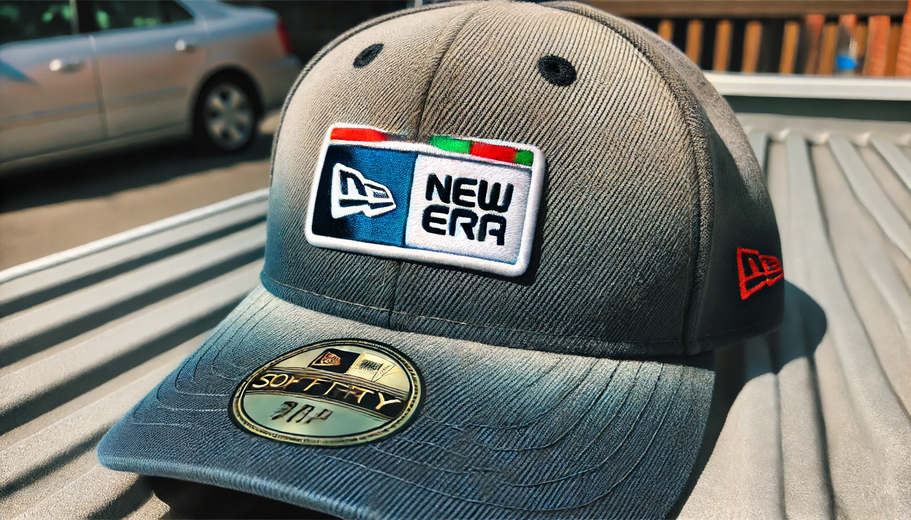 A New Era cap with a sun-faded and discolored sticker on the brim. The cap is outdoors, showing the effects of prolonged sun exposure on the sticker.