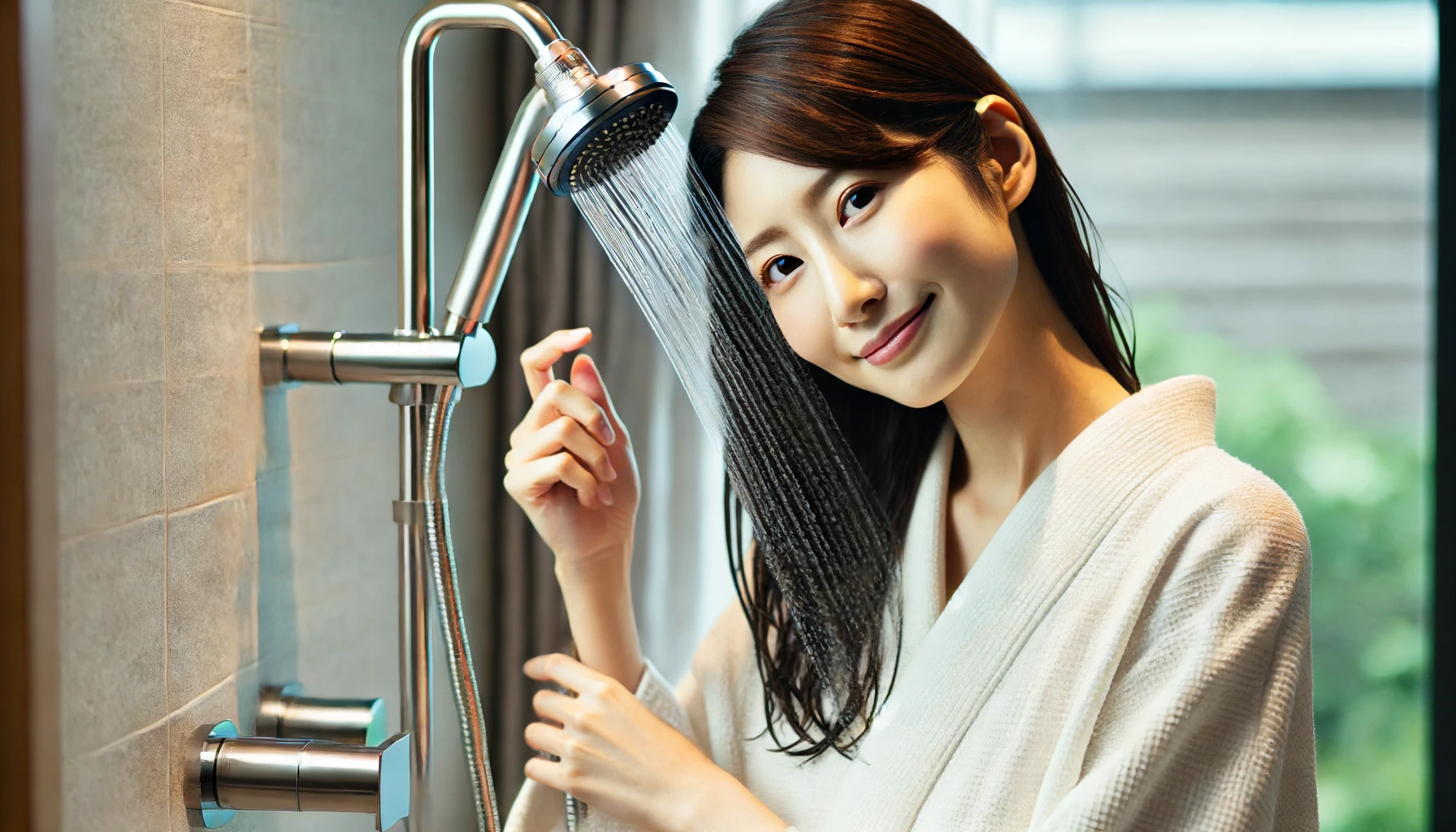 A Japanese woman washing her hair with a luxury handheld shower head in a modern, elegant bathroom. The shower head has a sleek design and the woman looks relaxed and enjoying the experience.