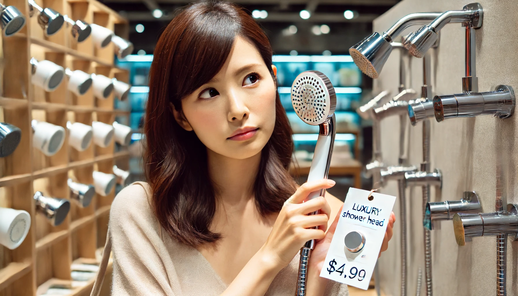 A Japanese woman holding a luxury handheld shower head with a price tag in a modern store setting. She looks thoughtful and is considering the price, with a display of various shower heads in the background.