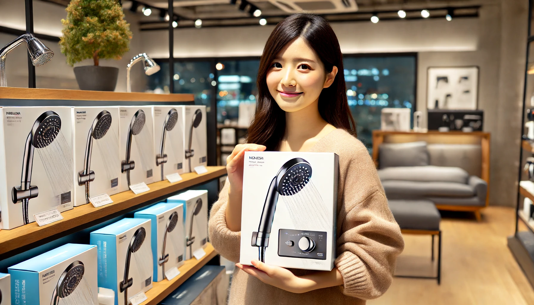 A Japanese woman deciding to purchase a luxury handheld shower head in a modern store. She looks happy and confident, with the shower head box in her hands and a display of various models in the background.