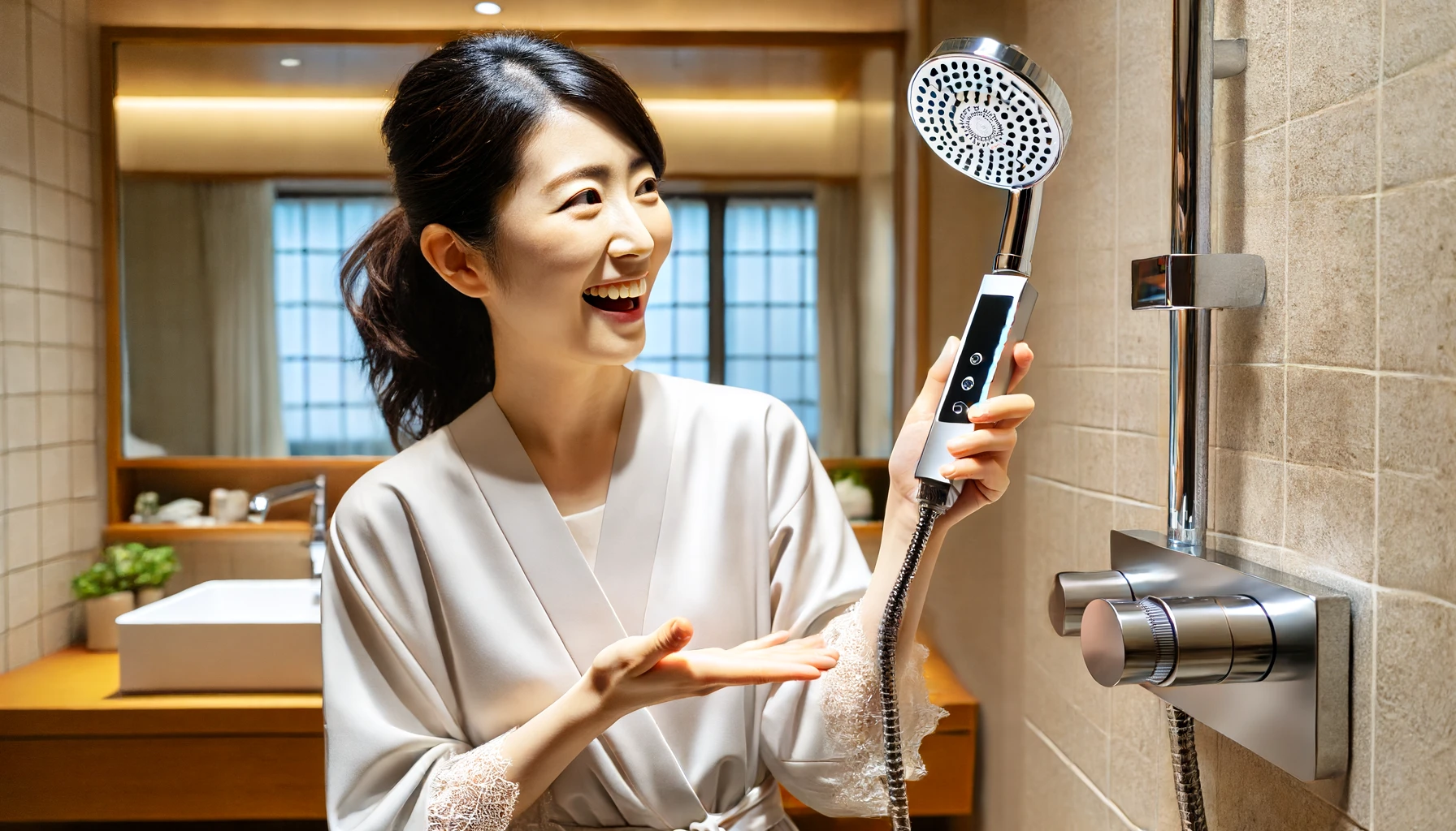 A Japanese woman using a luxury handheld shower head for the first time, showing a look of amazement and joy. The modern bathroom has elegant design features, and the shower head is sleek and high-end.