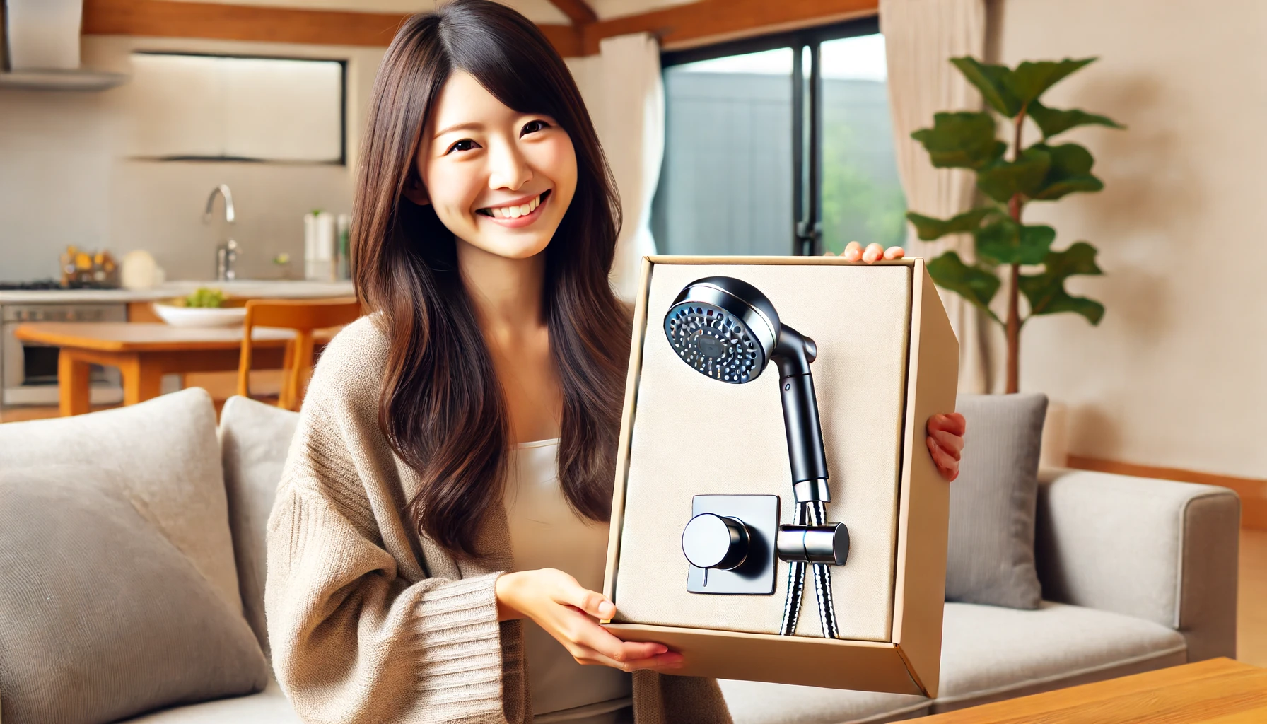 A Japanese woman holding a luxury handheld shower head box, just having acquired it. She is in a modern living room with a happy expression, excited about her new purchase.