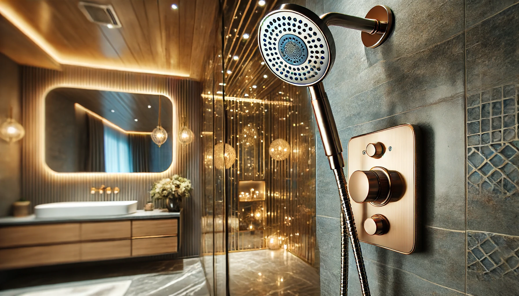 A popular luxury handheld shower head installed in a modern, stylish bathroom. The focus is on the shower head's elegant design, advanced features, and the high-end ambiance of the bathroom.
