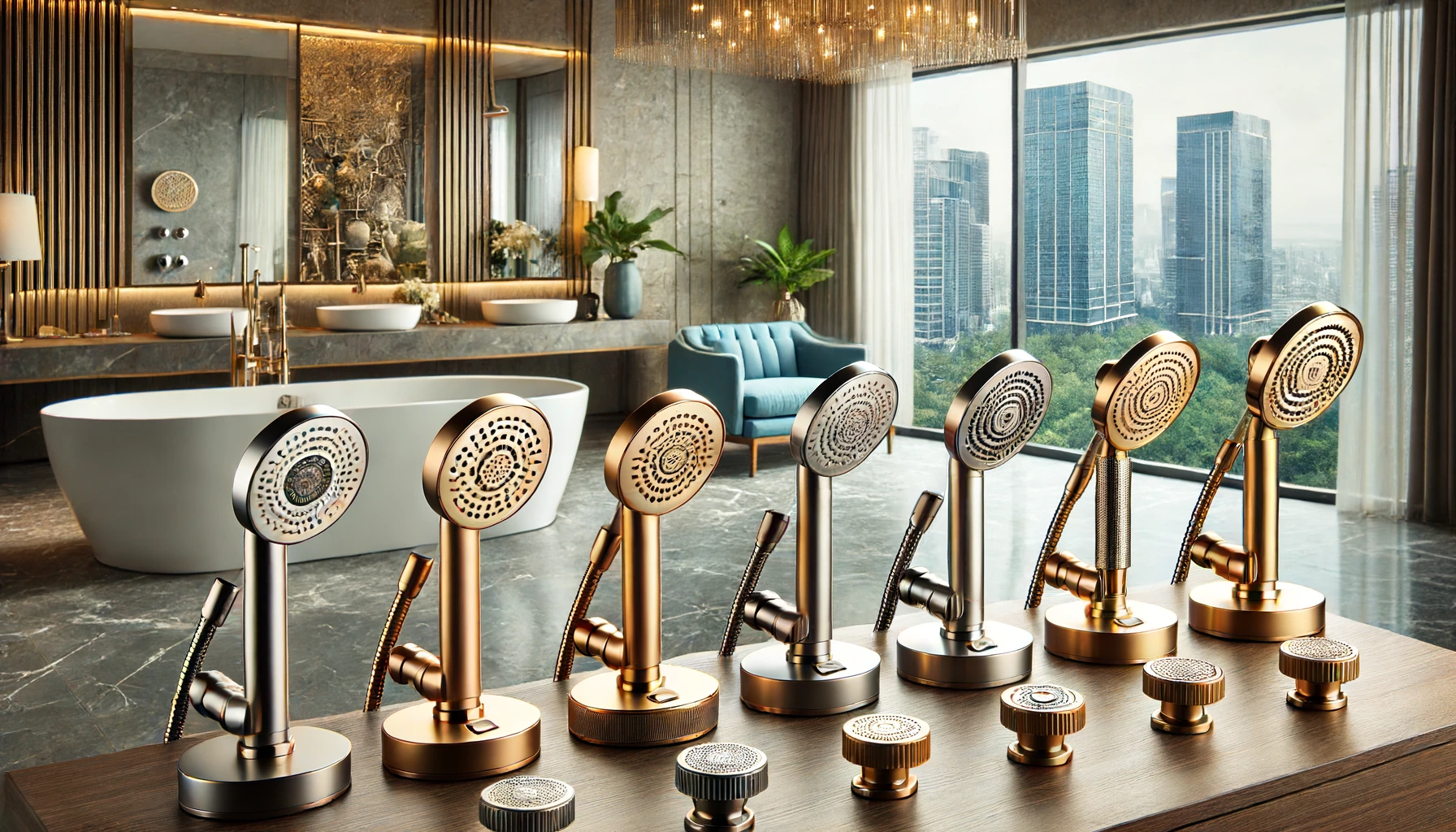 A detailed comparison of luxury handheld shower heads displayed on a table, showing different designs, materials, and features. The background is a modern, upscale bathroom.