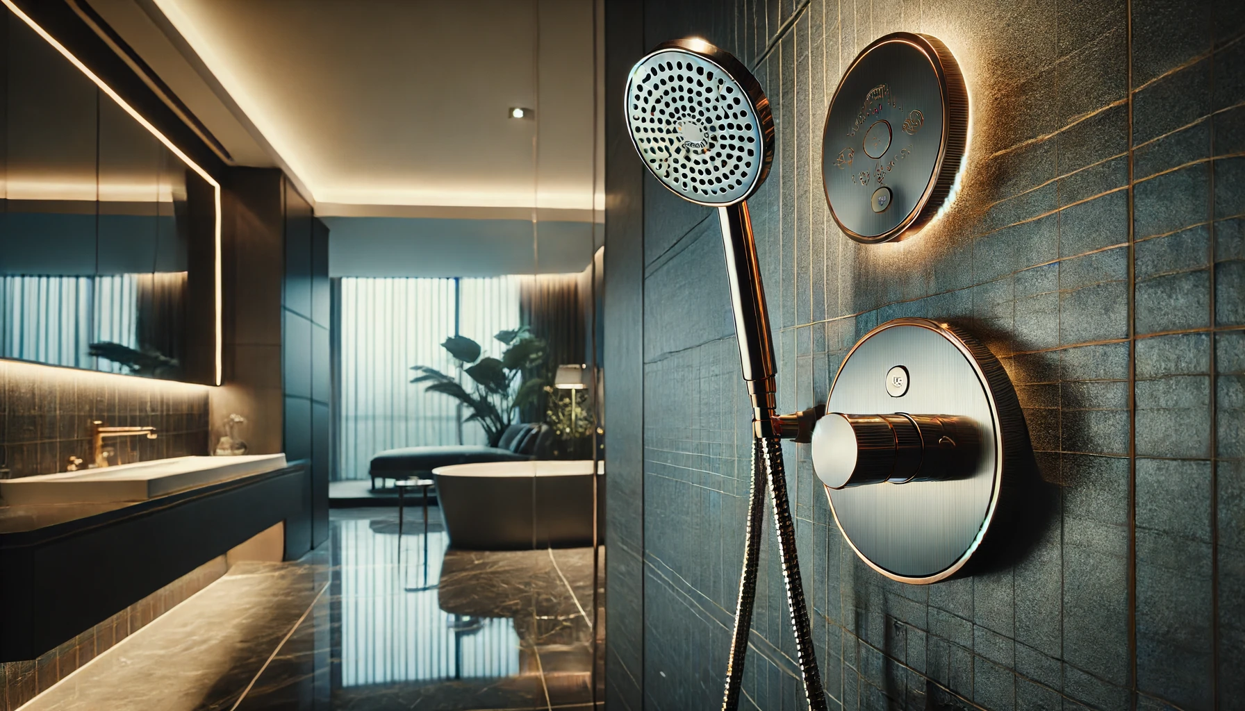 A luxurious handheld shower head installed in a modern, elegant bathroom with sleek tiles and ambient lighting. The focus is on the high-end design and quality of the shower head, highlighting its attractiveness.