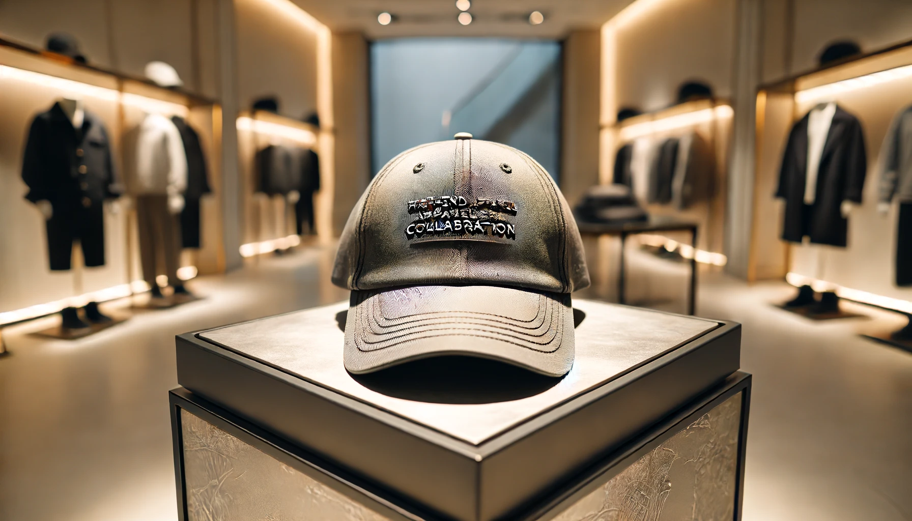 A high-end apparel brand collaboration baseball cap displayed on a sleek, modern pedestal. The cap features elegant stitching, premium materials, and a subtle logo of the brand. The background is a minimalist, upscale boutique setting with soft lighting that highlights the cap's luxury.