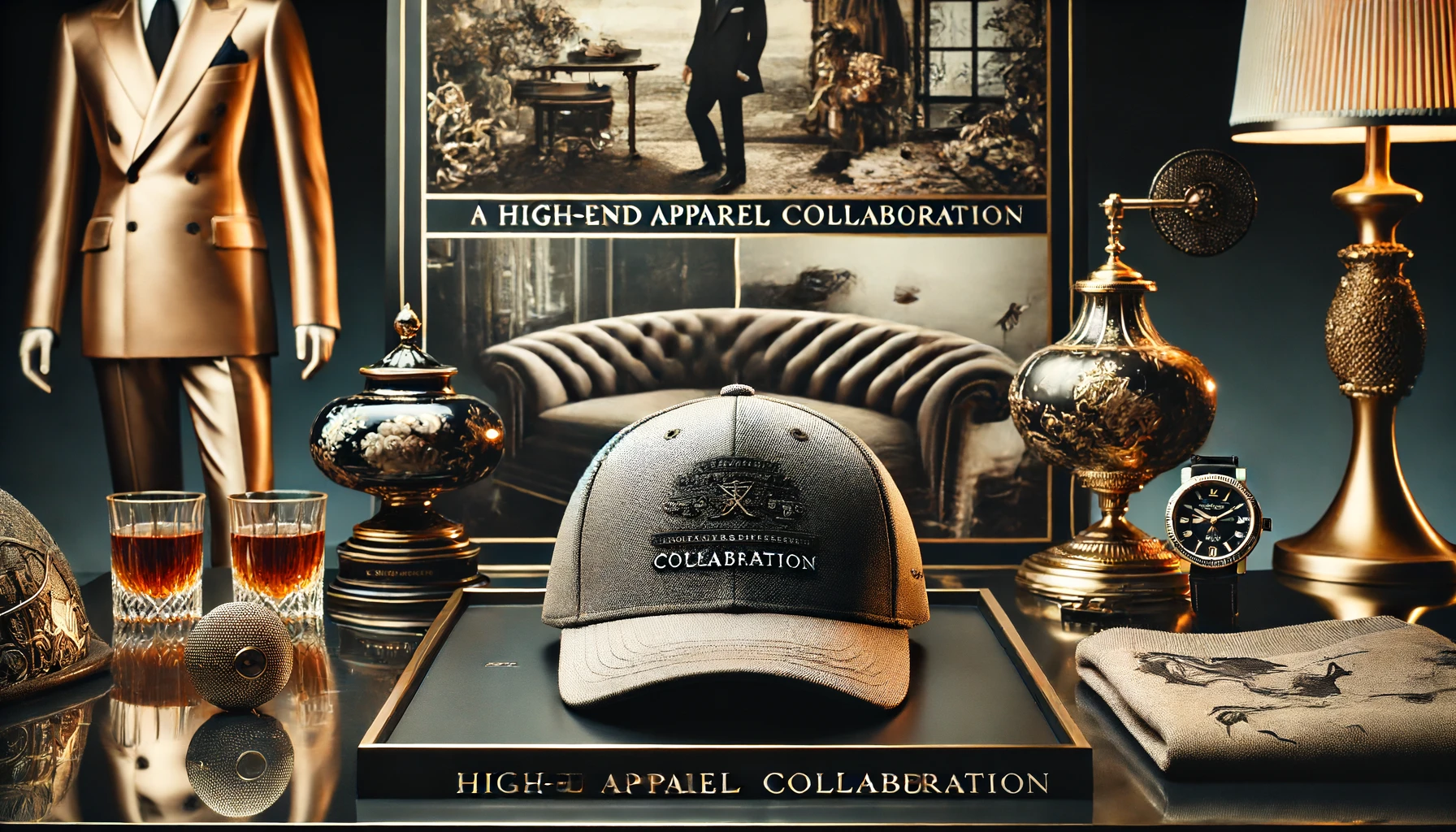 A stylish baseball cap from a high-end apparel brand collaboration, presented in an elegant setting. The cap is displayed with a focus on its premium materials, intricate design, and luxurious appeal. The backdrop includes elements of luxury fashion, such as a sophisticated interior or high-end fashion accessories, highlighting the cap's unique charm.