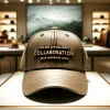 A high-end apparel brand collaboration baseball cap displayed in a high-quality setting. The cap features premium materials such as fine wool or leather, with a focus on durability and craftsmanship. The background is an upscale showroom with soft, professional lighting highlighting the cap's superior quality.