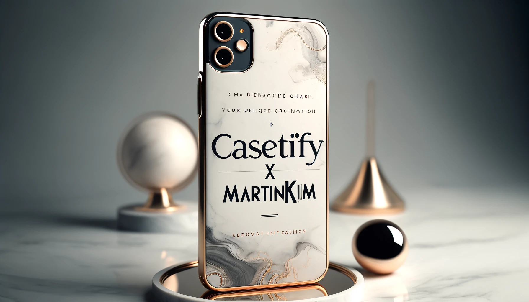 A stylish advertisement showcasing the collaboration between CASETiFY and Martin Kim. Highlight the unique charm and appeal of their partnership. Include the text 'CASETiFY x MartinKim'. The design should be sleek and modern, with a luxurious touch, emphasizing innovation and fashion. The background should be elegant, possibly with abstract or minimalist elements, and the focus should be on the brand names.
