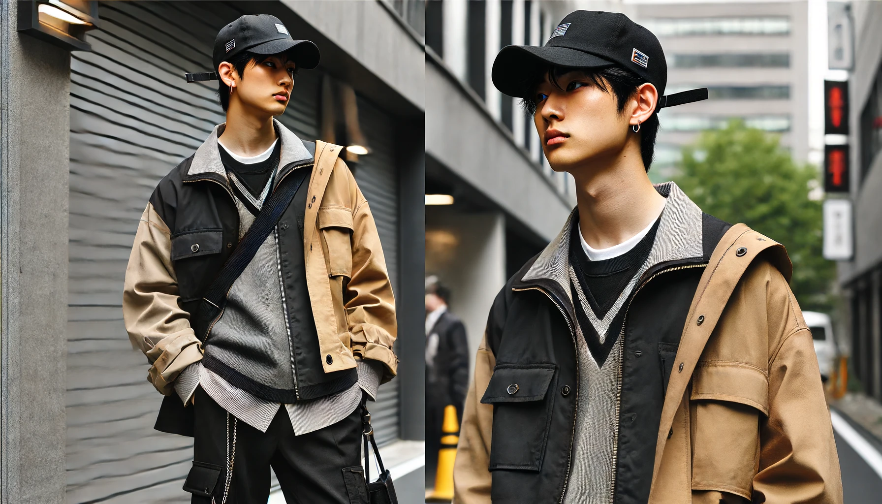 A high-end apparel brand collaboration baseball cap, featured in a stylish outfit. A Japanese person is wearing the cap along with a coordinated fashionable outfit, highlighting how the cap complements the overall look. The setting is a trendy urban environment, with the person posing confidently to showcase the ensemble.