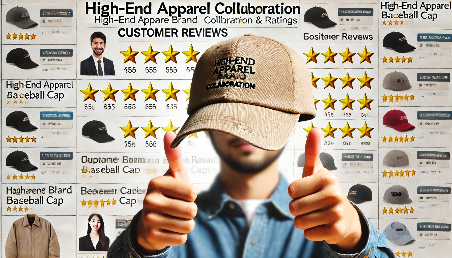 A high-end apparel brand collaboration baseball cap, focusing on customer reviews and ratings. The image features the cap with a backdrop of positive review snippets, star ratings, and a Japanese person giving a thumbs-up while wearing the cap. The setting is bright and engaging, highlighting the cap's excellent reputation.