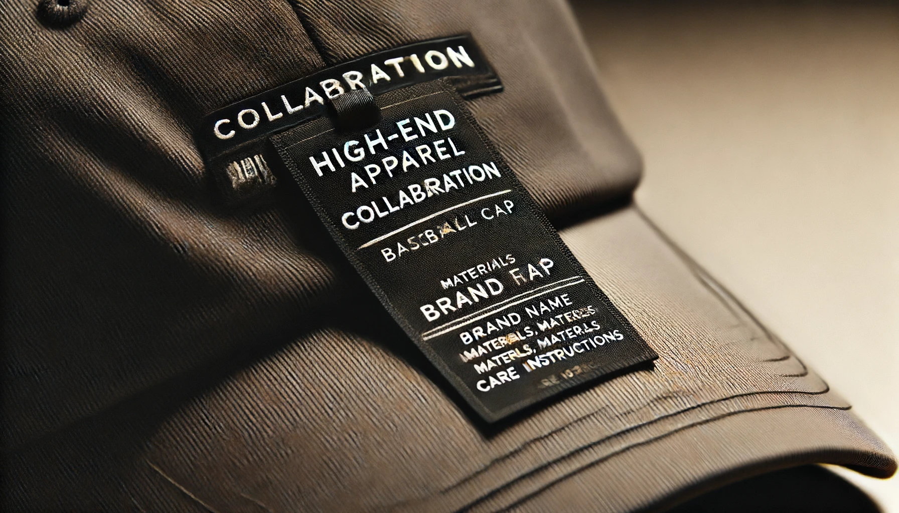 A high-end apparel brand collaboration baseball cap, showcasing its tag and branding details. The image focuses on the cap's tag, highlighting the brand name, materials, and care instructions. The setting is a clean, professional studio shot, with the cap and tag prominently displayed to emphasize authenticity.