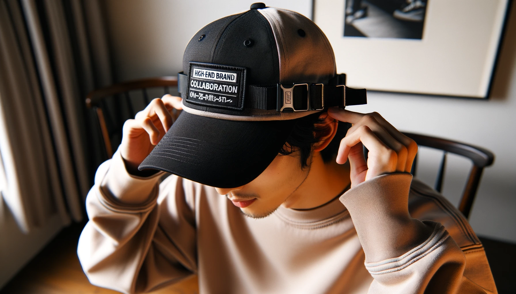 A high-end apparel brand collaboration baseball cap showcased to highlight its one-size-fits-all feature. The cap is adjustable with a high-quality strap, shown clearly in the image. A Japanese person is trying on the cap, demonstrating its versatile fit. The background is a casual setting with a focus on the cap's flexibility.