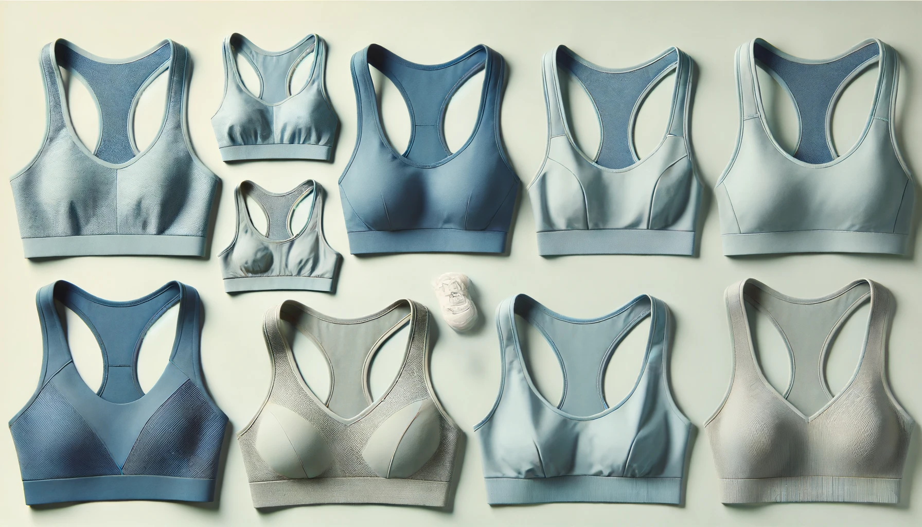 Multiple stylish sports bras similar to the one in the image, in light blue color, without any logos or text, displayed on a plain background.