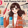 A popular ranking of recommended anti-flyaway hair sticks. Show a Japanese woman holding the top-ranked product with a happy expression. The products should include Diane Maegami Stick Hard, Matomage Hair Stick Regular, Pluseau Point Repair, &honey Matomake Stick Super Hold, and Milbon Elujuda Point Care Stick in a list format.