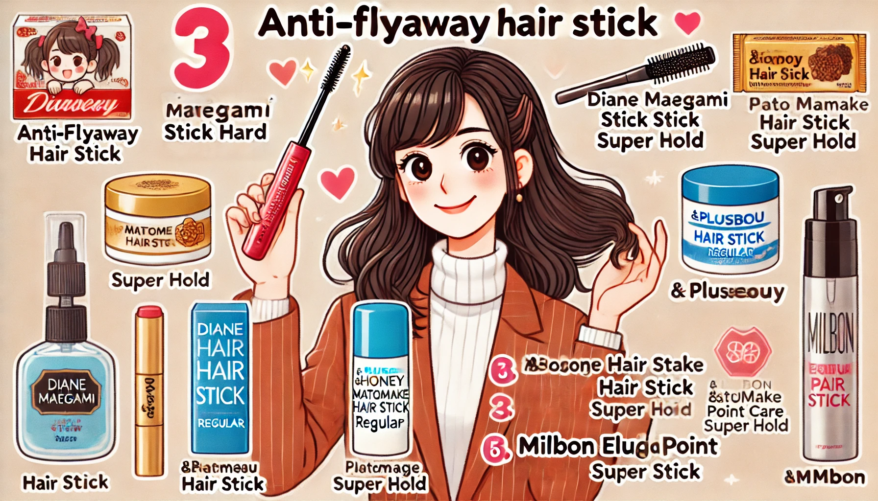 A popular ranking of recommended anti-flyaway hair sticks. Show a Japanese woman holding the top-ranked product with a happy expression. The products should include Diane Maegami Stick Hard, Matomage Hair Stick Regular, Pluseau Point Repair, &honey Matomake Stick Super Hold, and Milbon Elujuda Point Care Stick in a list format.