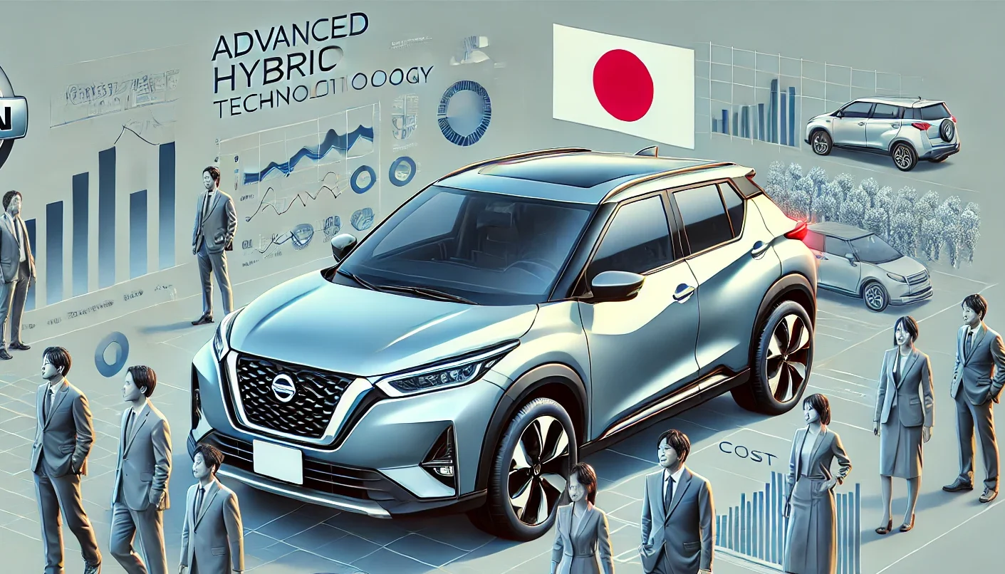 An SUV with advanced hybrid technology similar in design to the Nissan Kicks but without any branding or logos. Create an image showing reasons why it might not sell well, focusing on a potential issue such as cost or design flaw. Include Japanese individuals in the image. The image should be in 16:9 format.