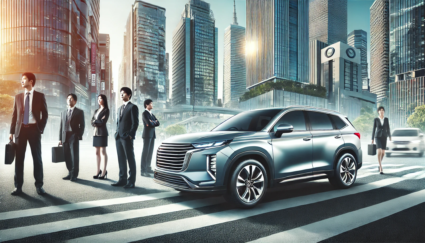 A modern SUV car without any branding or logos. Create an image showcasing the SUV in a modern cityscape. Include Japanese individuals in the image. The image should be in 16:9 format.