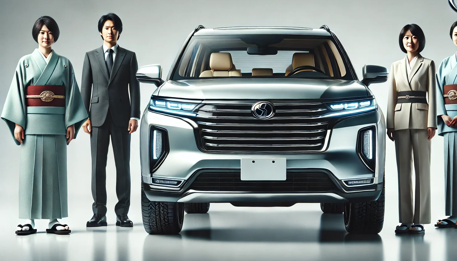 A modern SUV car without any branding or logos. Create an image highlighting the SUV's attractive features in a studio setting. Include Japanese individuals in the image. The image should be in 16:9 format.