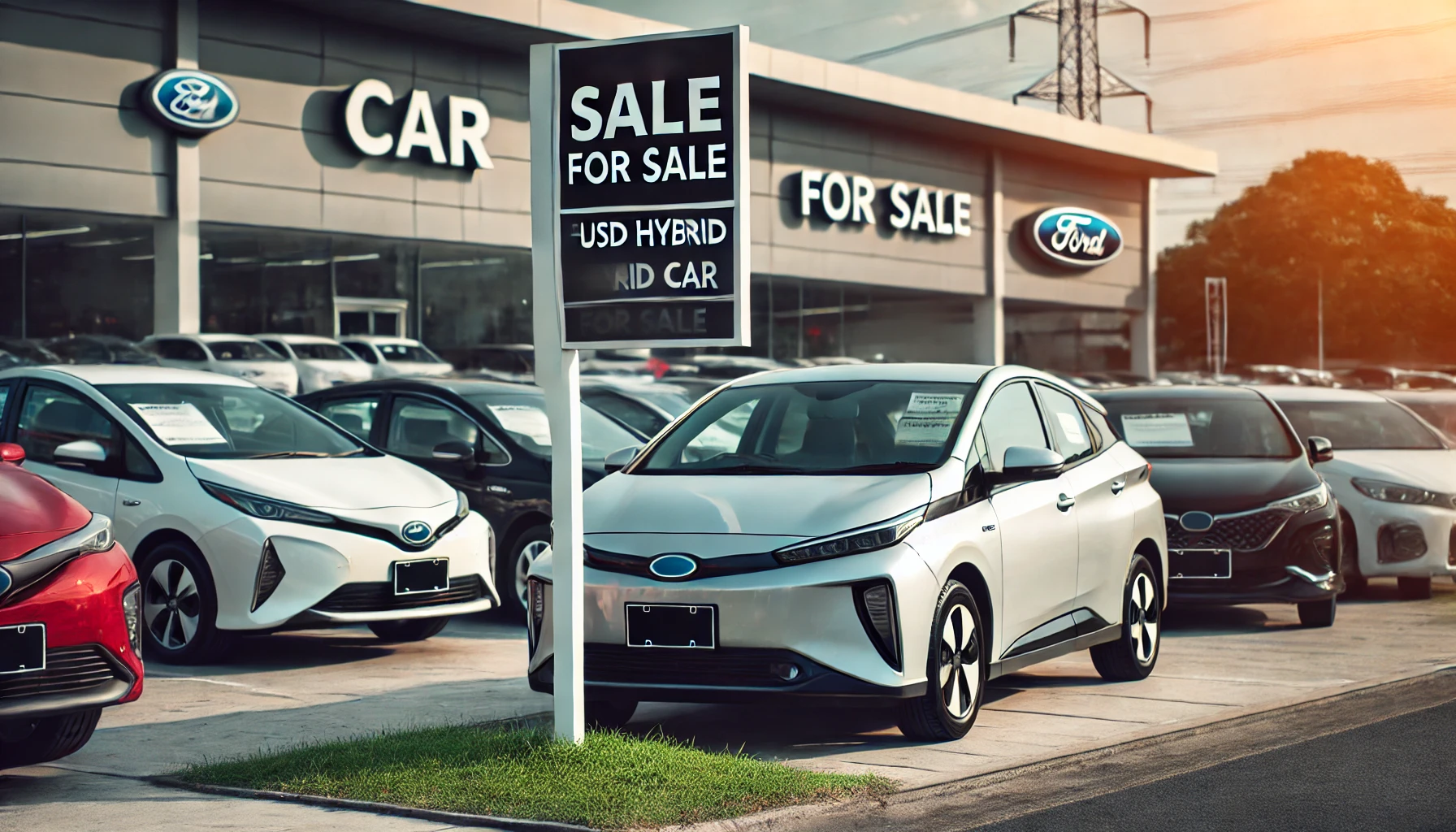 A used hybrid car parked in a car dealership lot with a 'For Sale' sign. The car is in good condition, and the background shows several other cars for sale with the dealership building visible.