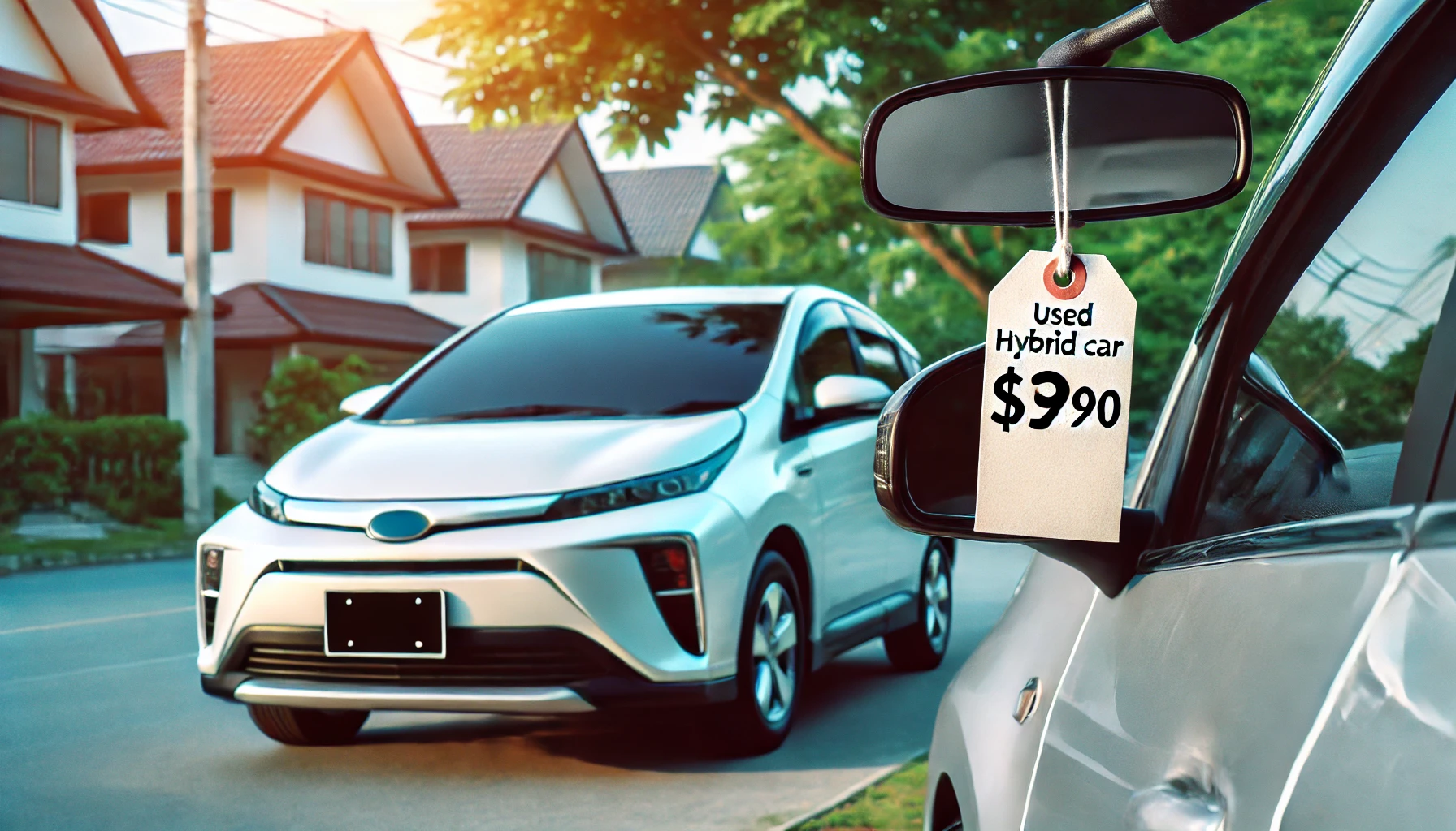 A used hybrid car with a price tag hanging on the rearview mirror. The car is parked in a residential area, and the background shows a neighborhood with houses and trees, emphasizing the affordability of the vehicle.