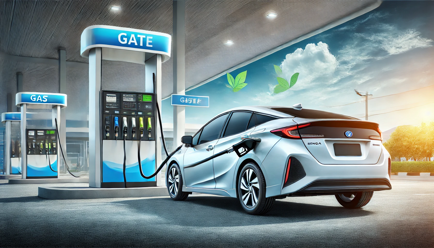 A hybrid car being refueled at a gas station, highlighting its fuel efficiency. The background shows the gas station with a clear blue sky, emphasizing the car's eco-friendliness and cost-saving on fuel.