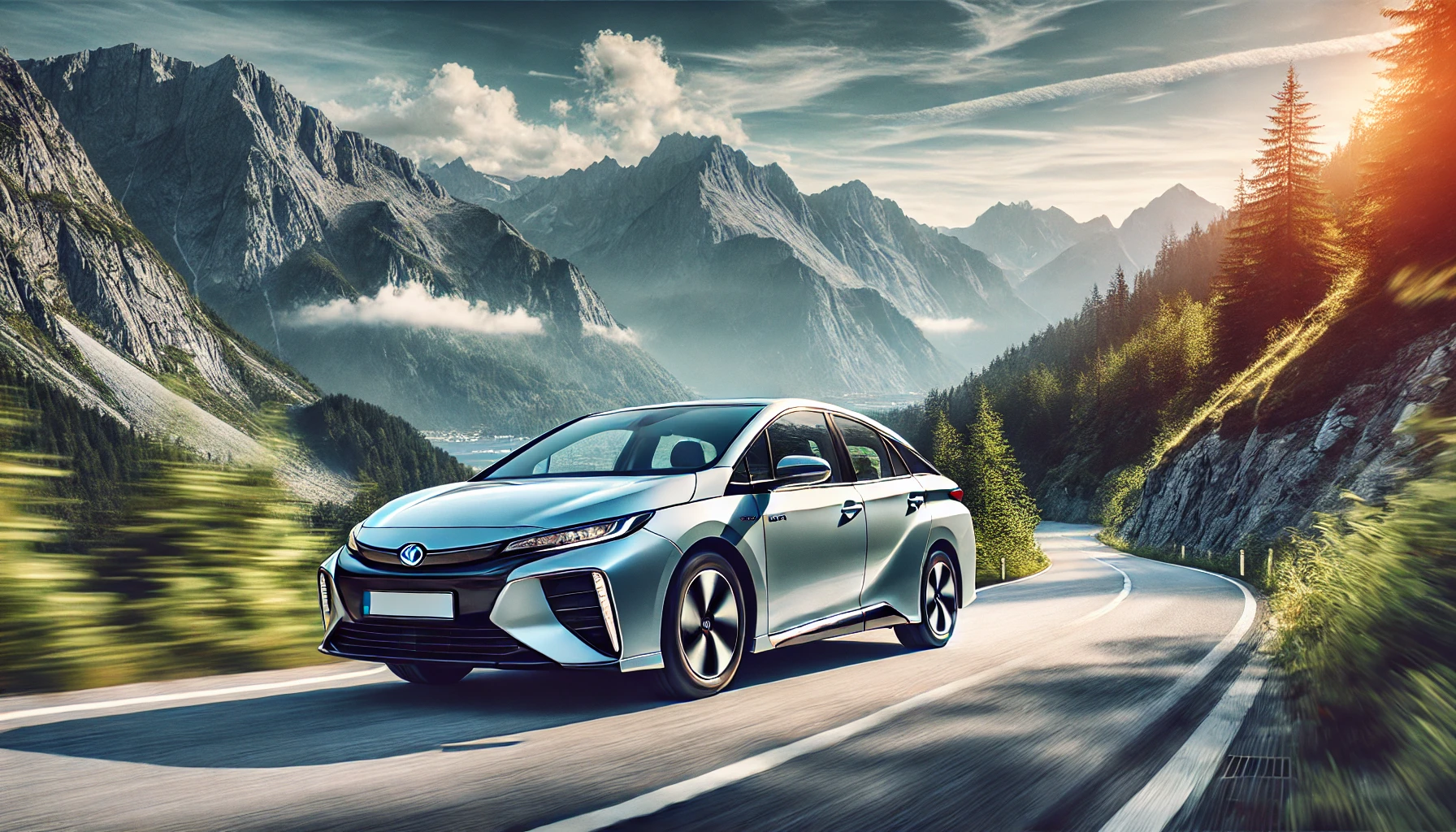 A used hybrid car driving on a scenic mountain road, showcasing its performance capabilities. The car is in motion, and the background features a beautiful mountain landscape.