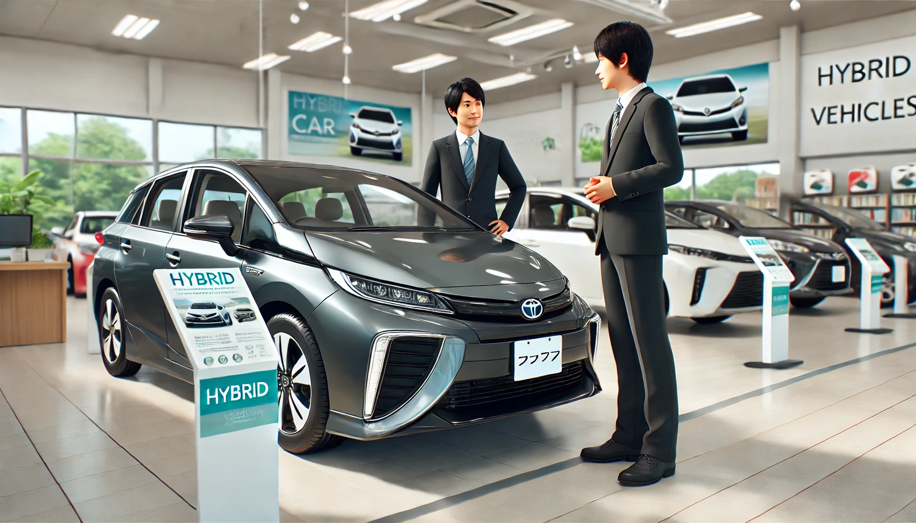 A car dealership showroom with a hybrid car in focus and a Japanese salesman explaining the features to a customer. The background shows other cars and informational posters about hybrid vehicles.