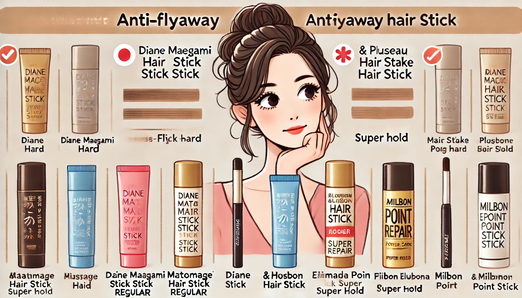 A comparison of recommended anti-flyaway hair sticks. Show a Japanese woman comparing different products with a thoughtful expression. The products should include Diane Maegami Stick Hard, Matomage Hair Stick Regular, Pluseau Point Repair, &honey Matomake Stick Super Hold, and Milbon Elujuda Point Care Stick in a comparison table format.