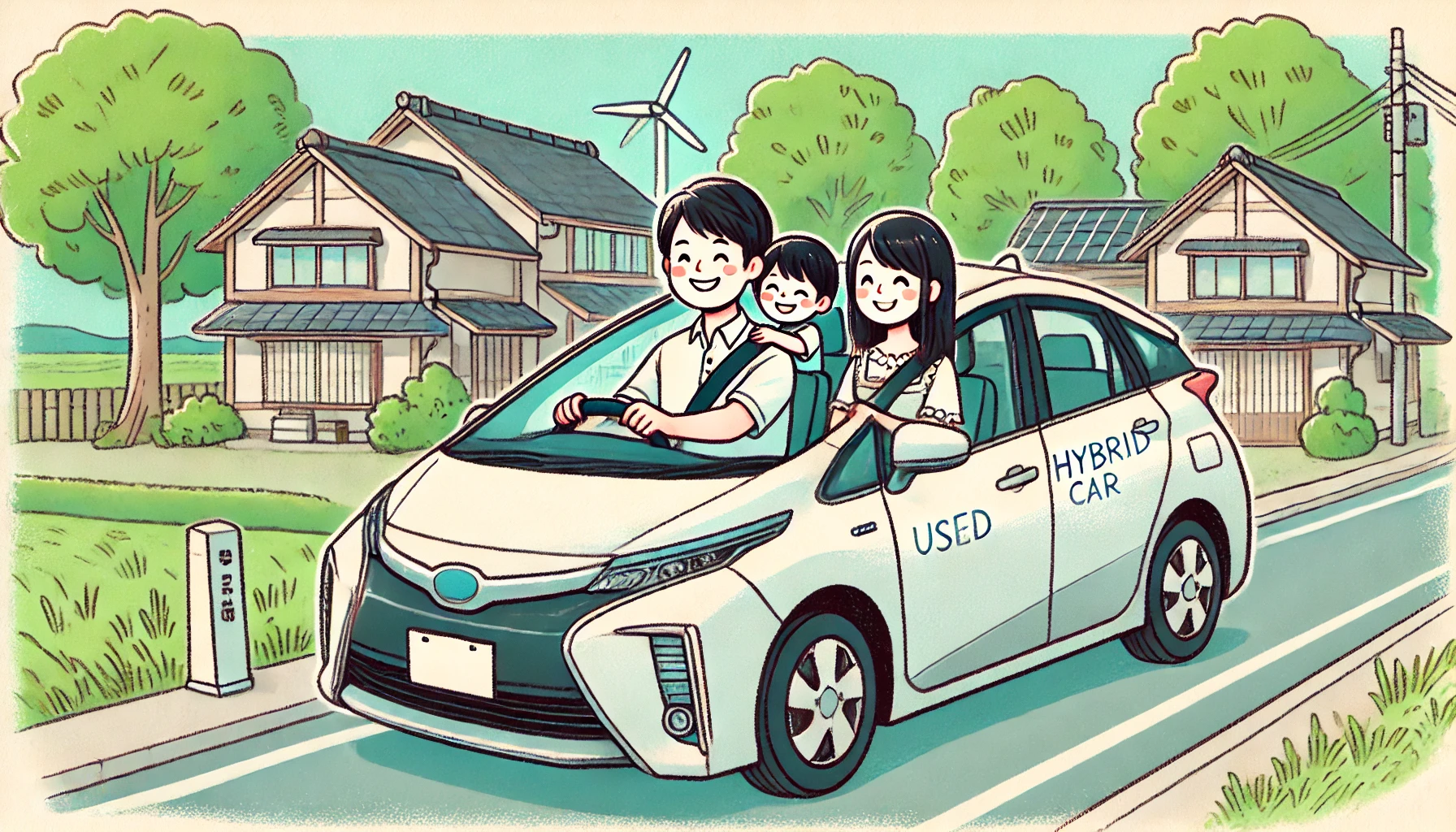 A happy Japanese family driving a used hybrid car, showcasing ease of driving and satisfaction. The background shows a peaceful suburban street with houses and trees, emphasizing their contentment with the purchase.