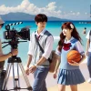 Drama staff filming a scene at a beautiful seaside with a boy and a girl in high school uniforms walking while holding a basketball, against a clear blue ocean backdrop.