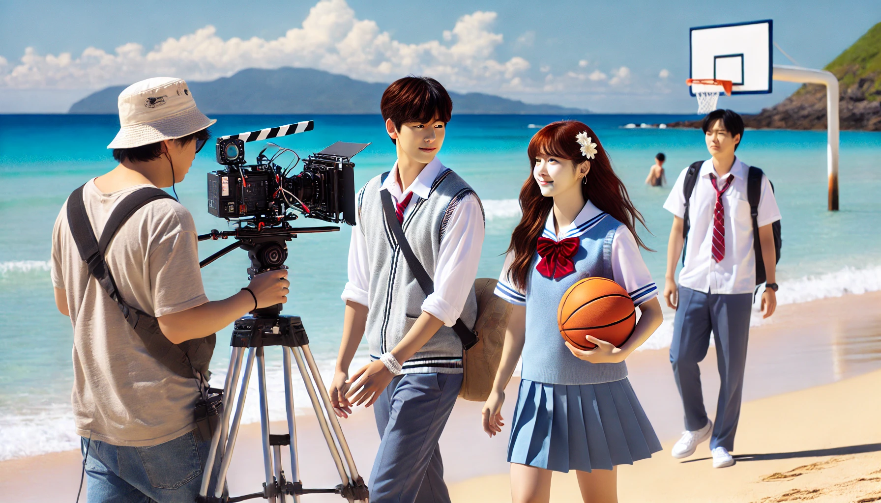 Drama staff filming a scene at a beautiful seaside with a boy and a girl in high school uniforms walking while holding a basketball, against a clear blue ocean backdrop.