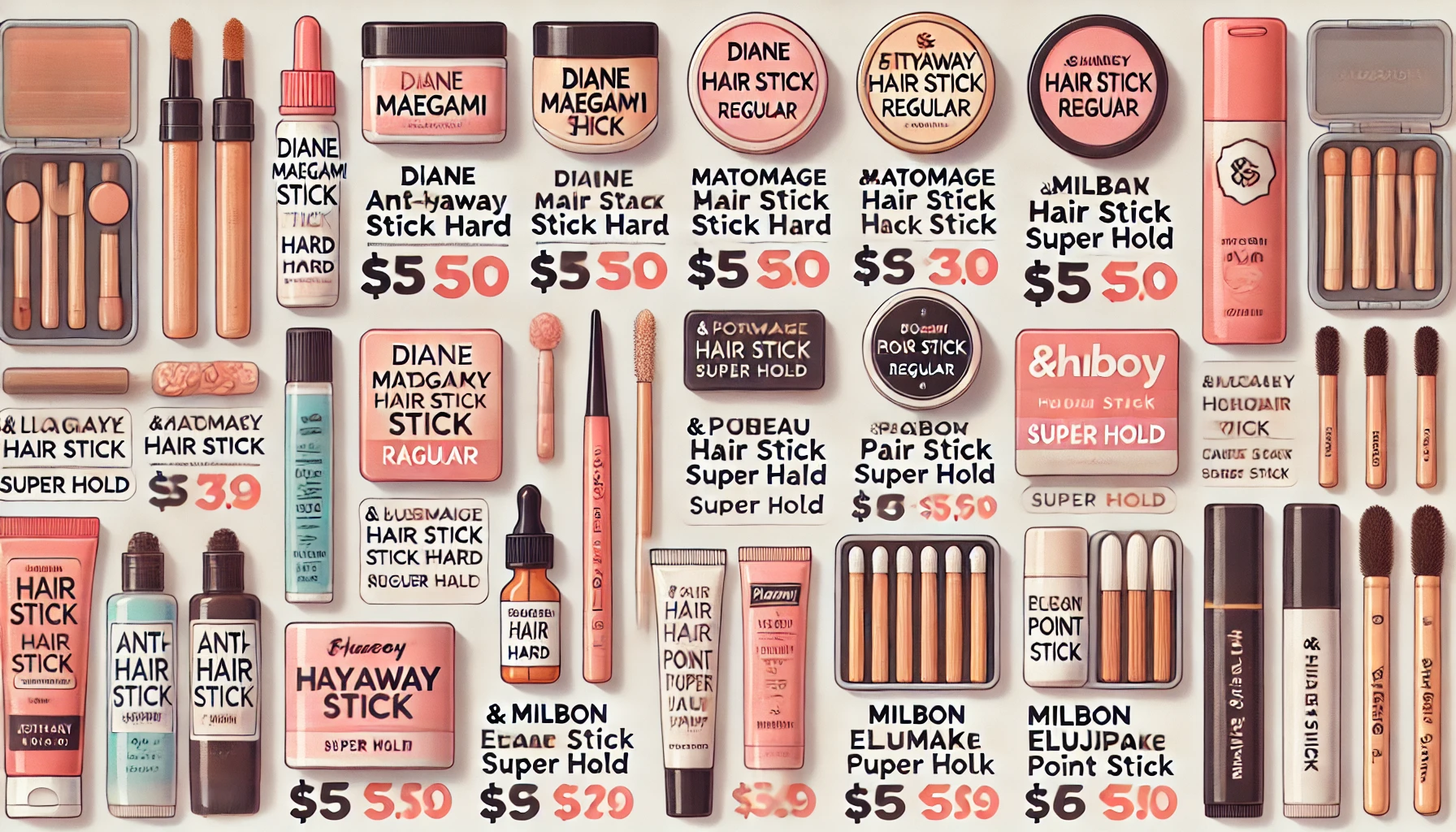 An image showcasing affordable recommended anti-flyaway hair sticks. Include various products neatly displayed with price tags showing they are budget-friendly. The products should include Diane Maegami Stick Hard, Matomage Hair Stick Regular, Pluseau Point Repair, &honey Matomake Stick Super Hold, and Milbon Elujuda Point Care Stick.