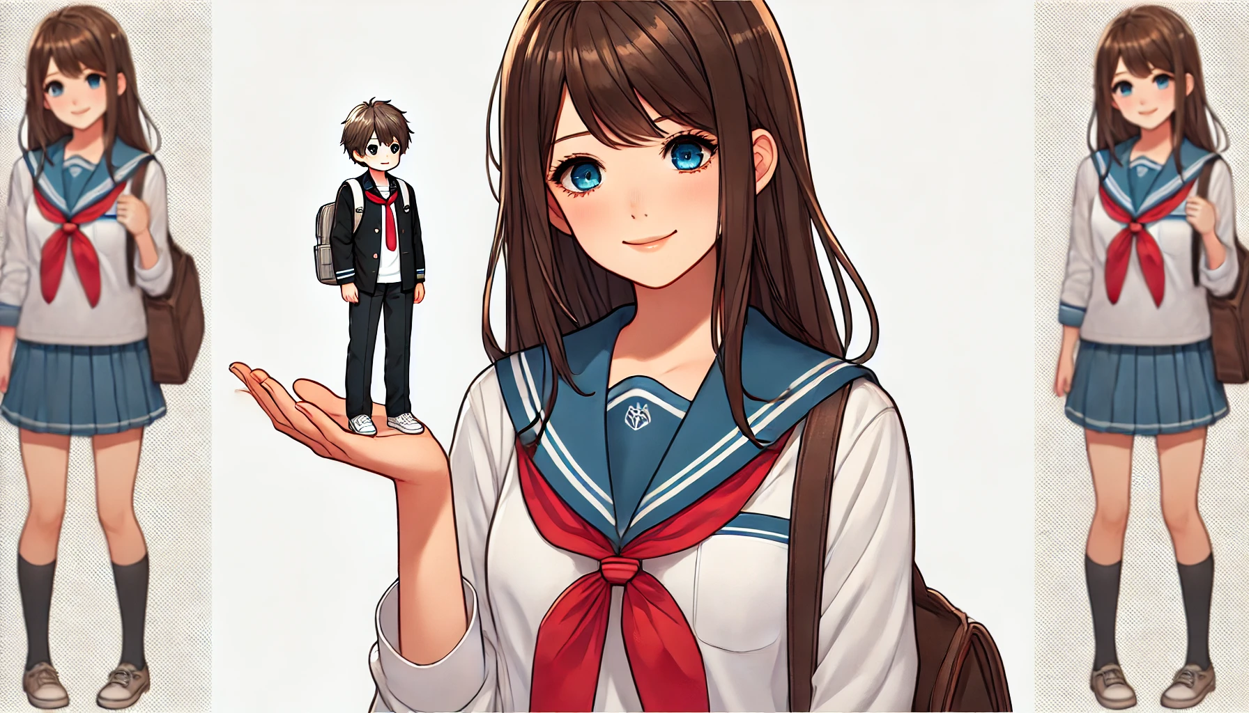 A high school girl holding a tiny boy in her hand, set against a simple background.